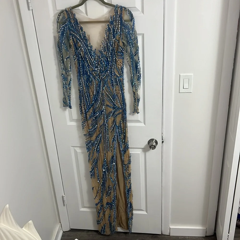 Albina Dyla Customized Blue Beaded Gown Pageant Gala Prom Ball - Picture 5 of 9